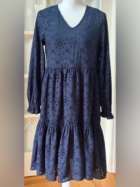 Navy Eyelet Dress Boho Tiered Long Sleeve Cottagecore Peasant Small L.O.V.